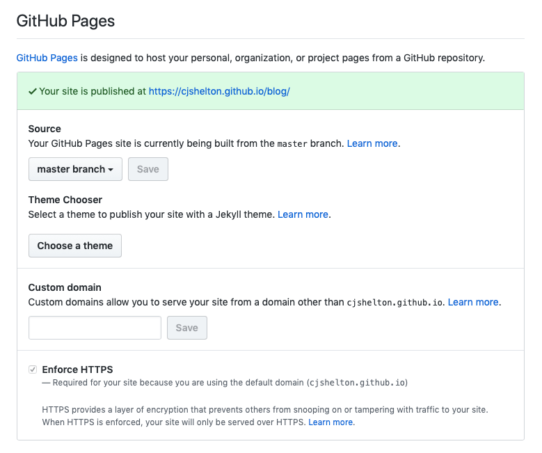 Enabling GitHub Pages for the repo